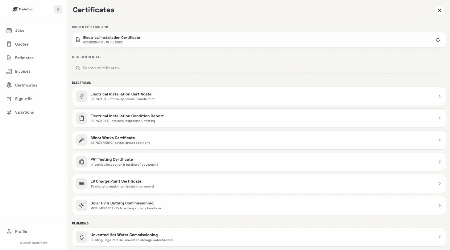 TradePlanr certificate picker showing official electrical forms for a job
