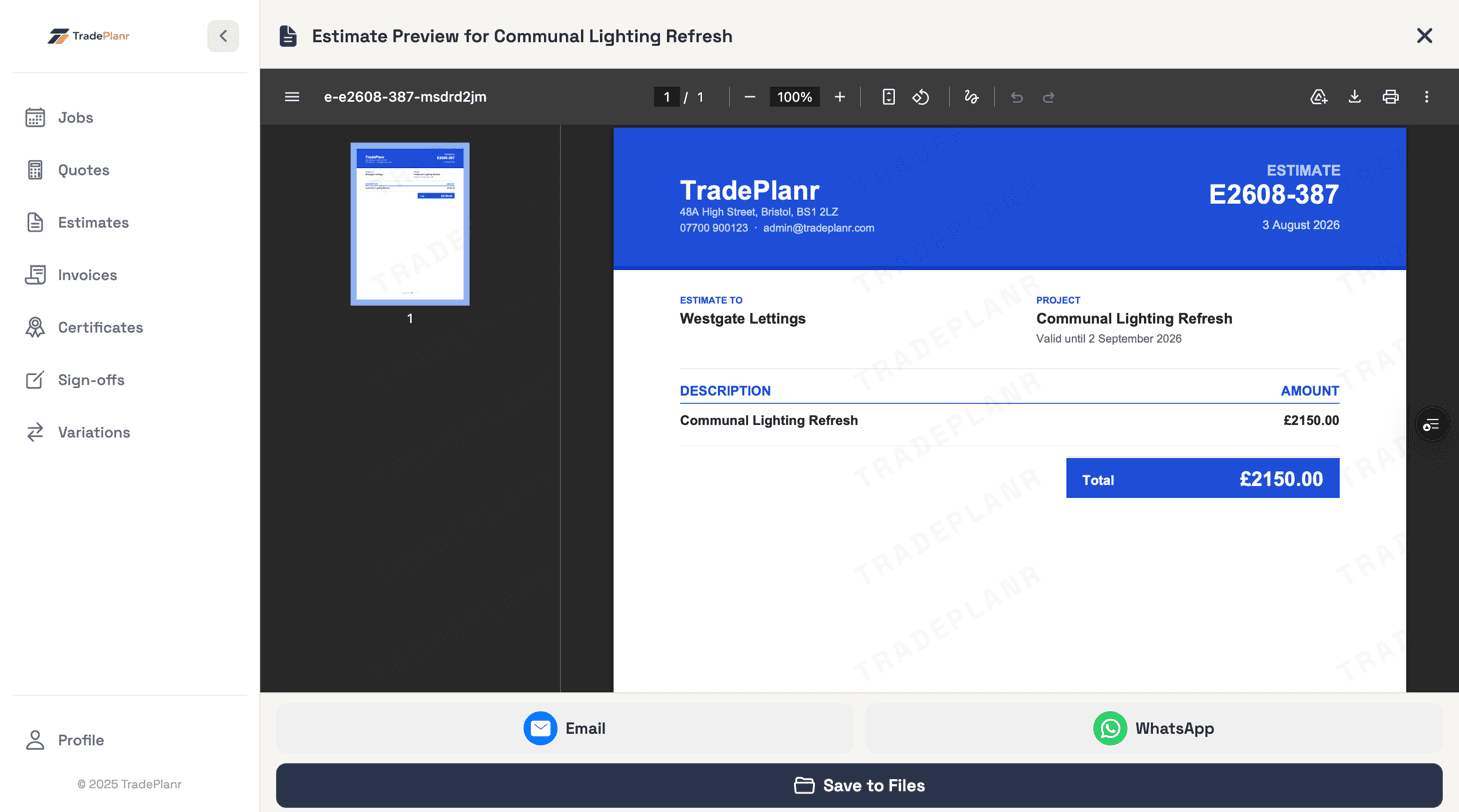 TradePlanr branded estimate PDF generated on desktop