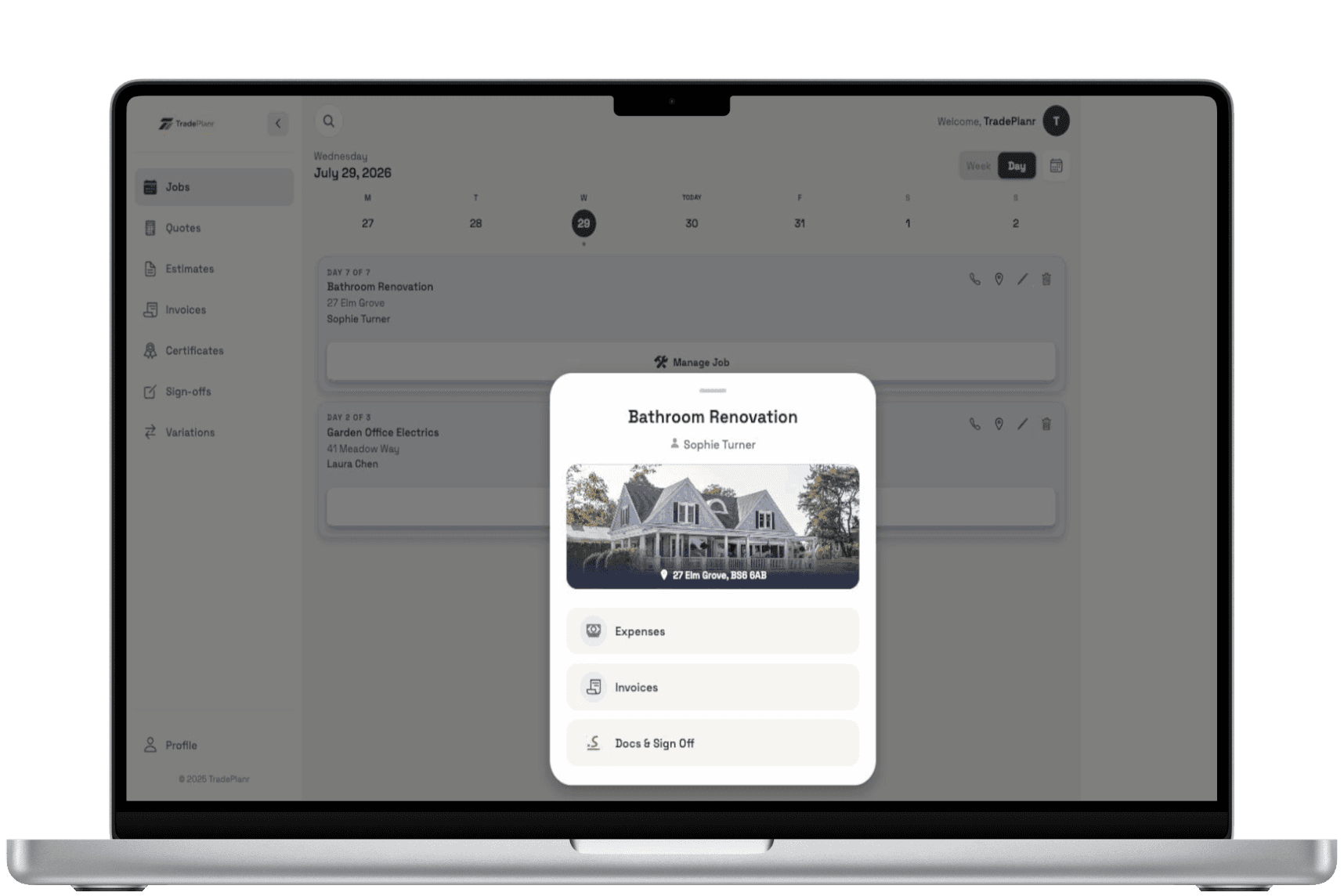 TradePlanr desktop diary with a job sheet open showing client, address and actions